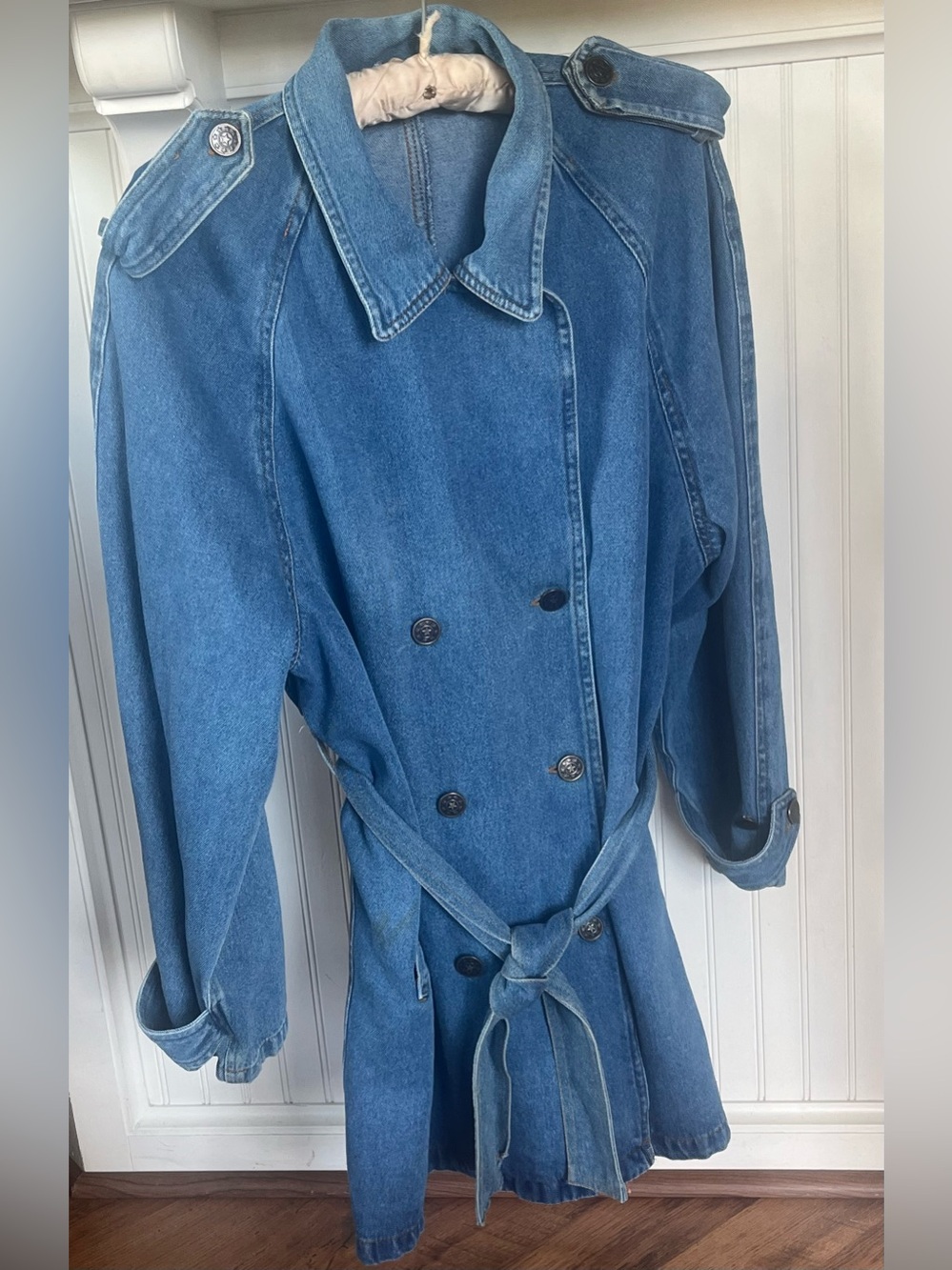 Forenza Vintage Late 80s Medium Double Breasted Denim Trench Coat - Picture 3 of 15